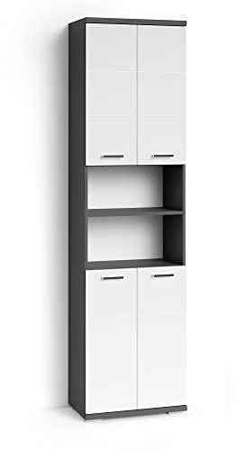 byLIVING Badezimmer-Hochschrank Nebraska/Korpus matt anthrazit / 4 Türen Hochglanz weiß lackiert/Badezimmerschrank/Badschrank mit offenen Elementen/viel Stauraum/B 50, H 192, T 31,5 cm