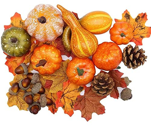 Catelves 50 Stück Thanksgiving Dekoration Set, Künstliche Ahornblätter, Tannenzapfen, Eicheln, Kürbis für Herbst, Halloween Kürbis Deko Thanksgiving Dekoration Set