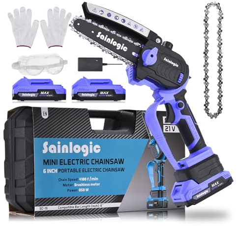 Sainlogic Mini Motosega a Batteria, 6 Pollici Motosega Elettrica a Batteria con Una Sola Mano con Chiusura di Sicurezza, Motosega Elettrica per Tagliare Legna, Potare Rami (Viola)