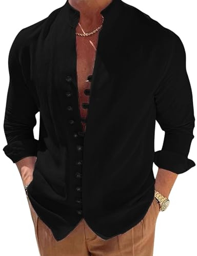 Puimentiua Camicia Lino Uomo Camicia Estiva Leggera Maniche Lunghe Uomo Camicia Henley Spiaggia con Colletto Rialzato, Nero, XXL