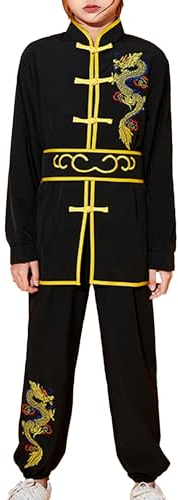 Mufeng Kinder Jungen Tai Chi Uniform Langarm Kung Fu Shirt mit Wushu Hose Chinesisch Kung Fu Wing Chun Stickerei Kostüm Set Sport Schwarz 110-116