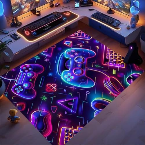 PEIHUODAN Alfombra Deco Teen Gamer Room 3D Gaming Floor Carpet Habitación Juvenil Living Room Alfombra Suelo Antideslizante Neón Graffiti Consola Juegos Suave Franela Sofá Alfombras (Navy,140x200cm)