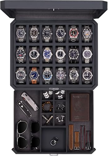 ROTHWELL Custodia per orologi con 18 scomparti con cassetto, scatola per orologi di lusso da uomo, con parte superiore in vero vetro, chiudibile, vetrina per collezioni (carbonio)
