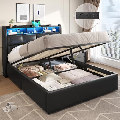 DICTAC Polsterbett 140x200cm mit Stauraum Kopfteil,Steckdosen Bettgestell 140X200 mit Lattenrost und bettkasten Doppelbett 140x200 mit LED Beleuchtung,USB-Anschlüssen und Hydraulisch Stauraum,Schwarz