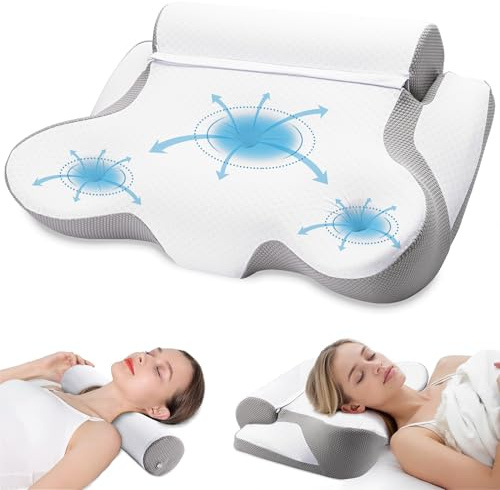 TOPESCT Cuscino cervicale per supporto per collo e spalle, cuscini ergonomici in memory foam, cuscini per il collo 2 in 1 e cuscino a rullo per dormire lateralmente, tessuti rinfrescanti (grigio
