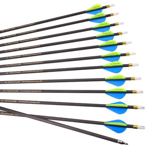 12pcs 30-Pulgadas 600-Spine Flecha Punta Extraíble Flecha de Puntería Flecha de Caza 2 Pluma de Plástico Flechas de Carbono para Arco Largo Arco Recurvo Arco Compuesto Tiro con Arco Azul Amarillo