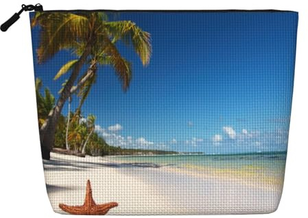 Water-Resistant Cosmetic Pouch Organizer for Women Travel, Makeup Bag with Zipper, Lightweight Daily Essentials Pouch for Toiletries Art Supplies Storage, Coconut Palm Beach Fake Hemp Makeup Bag