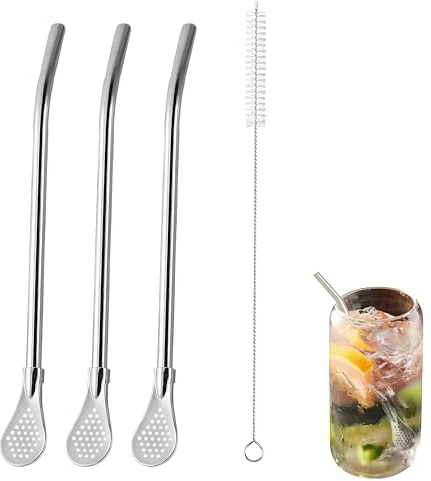 3PCS Removable Stainless Steel Straw Filter Spoon with Cleaning Brushes, Straw Stirrer Spoon for Tea Coffee & Cold Drinks, Stainless Steel Drinking Straws Cocktail Stirring Spoon, Reusable Metal Straw