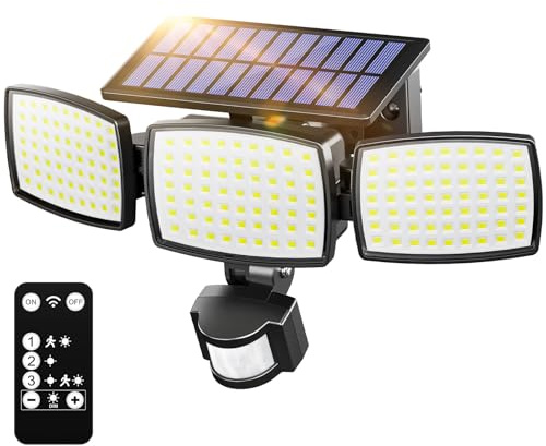 Solar Security Light Outdoor Light 189LED 1200LM, 3 Modes Solar Lights Outdoor Garden with Remote Control 3 Heads, Motion Sensor Lights Outdoor Solar Floodlight IP65 Wall Lights for Yard, Garage 1P