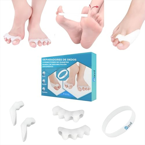 PIXVIL | 5 Uds - 2 Corrector de Juanetes – 2 Separador Dedos Pie Gel de silicona médica y 1 Banda Anti-Juanetes | Uso Nocturno y Día | Alivio Hallux Valgus - Enderezar dedos Torcidos o Superpuestos