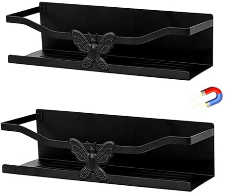 Kaslaider 2 Pezzi Portaspezie Magnetico, Mensola Magnetica Frigo, Scaffale Cucina Magnetico, Acciaio Carbone 5kg Max Carico, 30x10.5x8cm Nero per Organizzazione Cucina