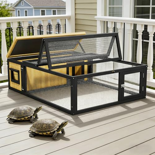Large Tortoise Hidden Habitat Enclosure Wooden Turtle House Indoor Outdoor with Asphalt Roof & Ventilating Wire Fence for Small Animals Outside Garden Backyard (Yellow)