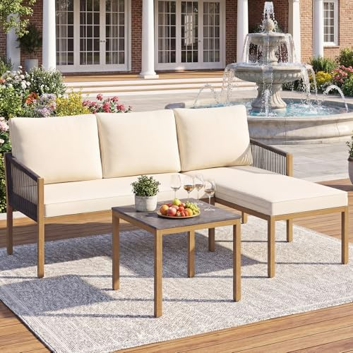 COSTWAY Conjunto Jardin Exterior de 3 Piezas, Muebles Jardin Exterior en Forma de L con Mesa de Centro, Sofá de 2 Plazas, Tumbona y Cojines, Juego de Conversación para Porche, Terraza y Patio