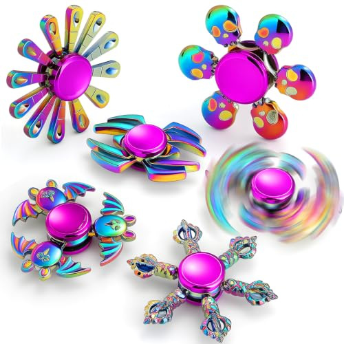 SCIONE Fidget Spinner de Metal (Pack de 6), Juguetes de Dedo Anti-estrés Multicolores, Rotación Larga 2-3 Min, Regalos para Niños Niñas y Adultos, Toupie de Mano Resistente