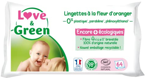 Love & Green Lingettes à la Fleur d'Oranger Saines et Ecologiques - Paquet de 64 Lingettes - Certifiée Cosmo Natural par ECOCERT et FSC - Emballage recyclable