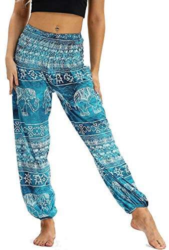 Nuofengkudu Femme Harem Pantalon Sarouel Thaïlandais Hippie Baggy Léger Boho Ethnique Smockée Taille Haute avec Poches Yoga Pants Été Plage ,Bleu Clair Éléphant C,Taille unique