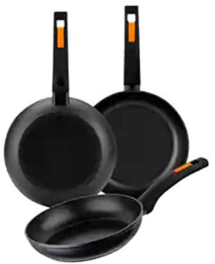 MONIX Fuego | Set 3 sartenes 18-22-26 cm, aluminio forjado, antiadherente bicapa, sin PFOA, mango baquelita, apta para todo tipo de cocinas incluida inducción