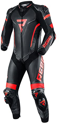 REBELHORN Rebel Einteiliger Motorrad Lederanzug für Männer Ellbogen Schulter Rücken Knie Hüfte & Steißbein Schutz Belüftung 4 Taschen Reflektierende Paneele