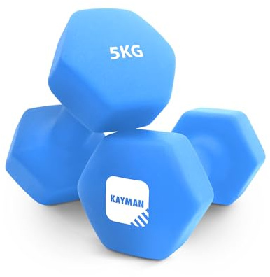 KAYMAN Neoprene Dumbbell Pair with Anti-Slip Grip, Hex Edges, Water-Resistant Surface & Free Workout Poster Guide - Weight Set for Home, Gym & Fitness Training Equipment - Unisex (5kg - Blue)