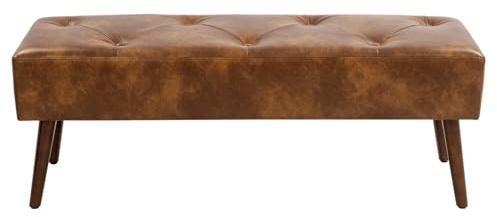 Furniliving 44 Inch Tufted Leather Bench, Leather Footrest Stool Bedroom Bench Seat, Upholstered Tufted Beathable Fabrics Ottoman Bench with X-Shaped Wood Legs for Kitchen, Solid Wood Indoor Bench