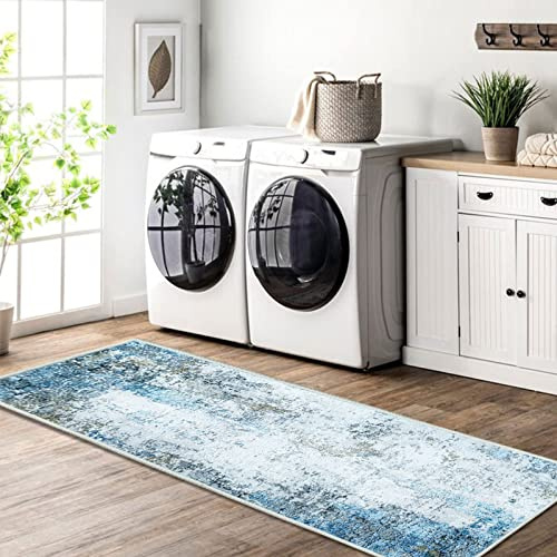 JURLEA Flurläufer Rutschfester Teppichläufer für Flure Küche & Wohnzimmer waschbar leicht Langer Läufer (Creme/Blau, 80 x 250 cm)
