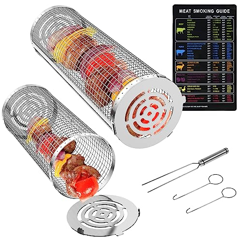 2pcs BBQ Net Tube 304 Stainless Steel Rolling Grilling Basket with Fork and Hook 20/30cm Barbecue Mesh Rack Cylinder Grilling Tool for Picnic Camping Vegetable Chip Meat