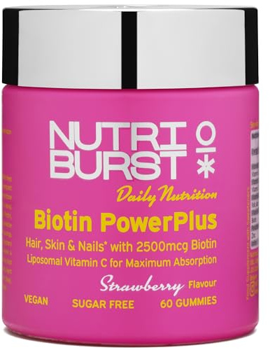 Nutriburst Biotin Power Plus - Biotin (2500mcg) + Liposomal Vitamin C for Healthy Hair & Glowing Skin - Strawberry Flavour - 60 Gummies 1 Month Supply - Suitable for Vegans