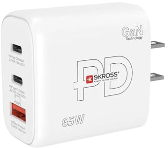 SKROSS - Power Charger 65W Gan US - PC -Ladegerät, Tablet, Smarthone mit Schnellem Laden 65 W - Lader mit 3 USB -Geräten (USB 18W + USB C 20W + USB C 65W) mit USB Socket