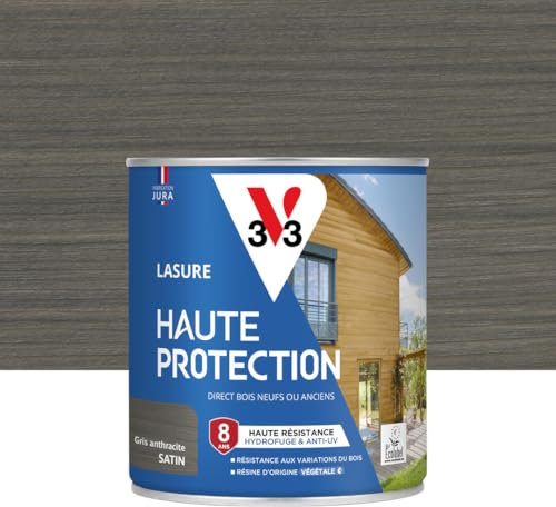 V33 Lasure Bois extérieur Gris anthracite satin - Haute Protection 8 ans - Haute résistance hydrofuge et anti-UV - Résiste aux variations du bois - Ecolabel, résine d'origine végétale - 0,75L