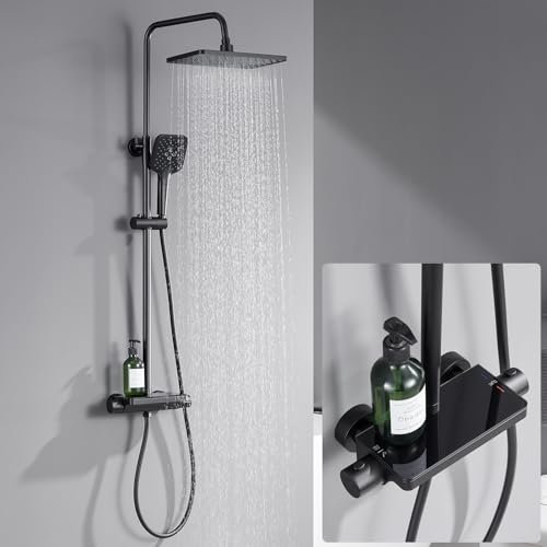 Lonheo Duschsystem Schwarz mit Thermostat, Duscharmatur Komplettset mit Glasablage, Regendusche mit Armatur und 30X19cm Duschkopf, Handbrause mit 3 Strahlarten, 88-124cm Höhenverstellbar