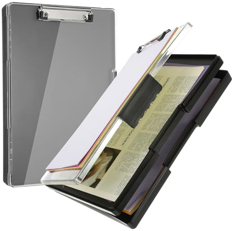 PATIKIL Portapapeles con almacenamiento 8.5x11 con soporte para bolígrafo Carpeta de papel A4 de plástico resistente Folio de perfil bajo con clip lateral para profesores, negro