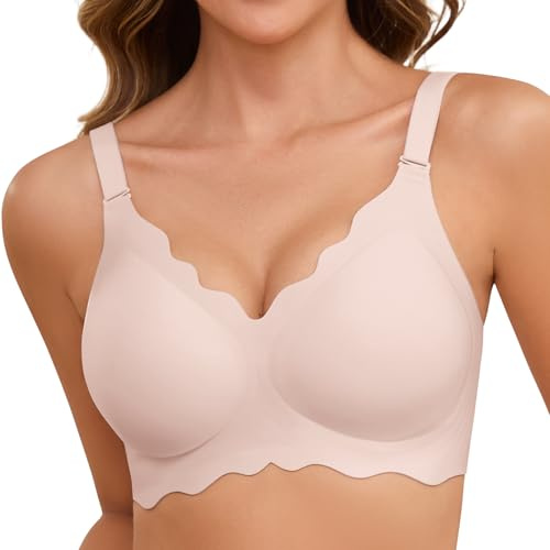 TOMEEK Soutien-Gorge Femme sans Armature Col en V Brassiere Femme sans Armature Push Up Soutien Gorge Classiques Invisible Confort Sport sans Coutures vec Coussinets (Rose,XL)