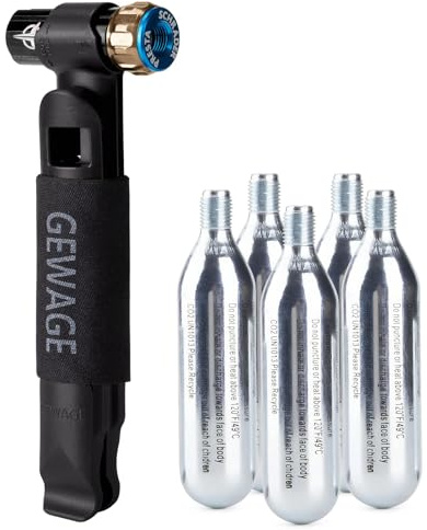 GEWAGE CO₂-cykelpump – Kompakt CO₂-patronpump för cykel med 2 däckavtagare och 5 × 16 g CO₂-patroner, kompatibel med 12 g / 16 g / 25 g, för Presta- och Schrader-ventiler (Black)