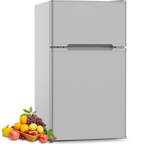 COWSAR 3.2 Cu.Ft Fridge with Freezer, Double Door Compact Fridge for Bedroom, Adjustable Thermostat, Energy-efficient Low Noise Small Refrigerator For Dorm, Office, Bar, RV, Bedroom,Commercial