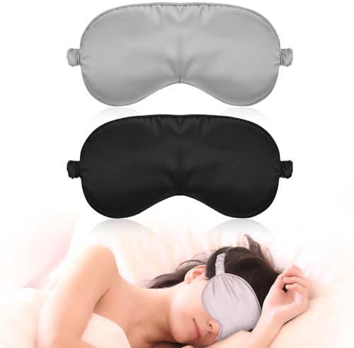 Molain 2 stycken sömnmask av siden, silkesögonmask, mjuk ögonbindel, sovmask för män, sömnmasker, silke, resor eller lugn, kvinnor (svart + grå)