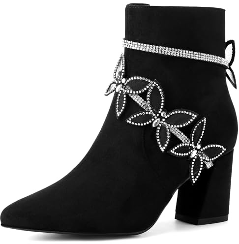 Perphy Butterfly Rhinestone Strap Chunky Heels Ankle Boots for Women Black 6 UK/Label Size 8 US