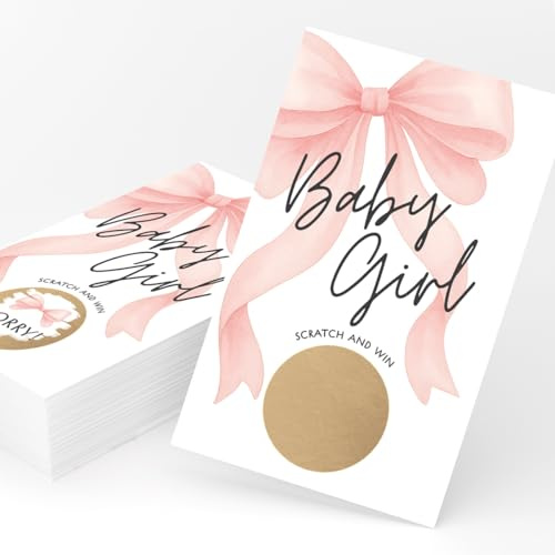 Printed Party Baby Shower Scratch Off Game for Girl – Pink Bow Design, Fun Prize Reveal Cards for Girl Baby Shower or Sprinkle, Set of 30