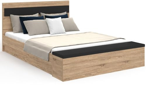 IDMarket - Lit Double Gaelle tête de lit + Banc Coffre et sommier 140 x 190 cm Bois et Noir