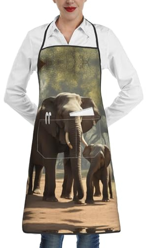 DUWAA Tablier de cuisine avec imprimé éléphant, réglable, résistant à l'huile, tablier de cuisine pour homme et femme