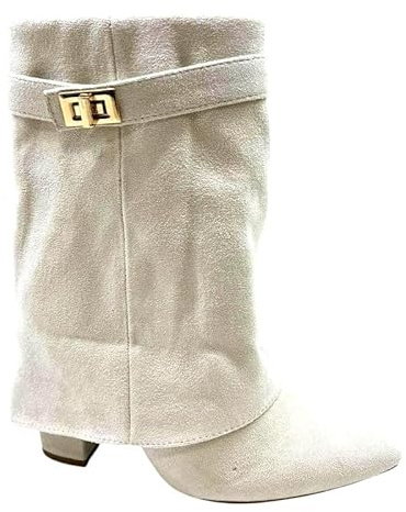 sole london LADIES Women's Ankle Fold Over Buckle Fashion Zip Pointed Block Heel Boots – Stylish Ruched Design – Comfortable Mid-Block Heel – Faux Leather & Faux Suede