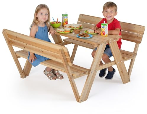COSTWAY Barnpicknickbord med Bord och 2 Sittbänkar, Barnstolsgrupp utomhus för upp till 4 Barn, Träträdgårdsmöbler med Ryggstöd, Barnstolsuppsättning för Pojkar och Flickor från 3 År
