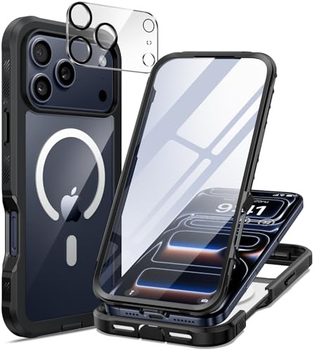seacosmo Skal för iPhone 17 Pro kompatibelt med MagSafe, Stötsäkert iPhone 17 Pro Mobilskal med 360 Graders Skydd, Inbyggt 9H Härdat Glas Skärmskydd + Linsskydd, Fullt Skydd, Svart