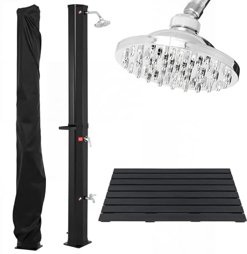 COSTWAY Ducha Solar Exterior de 60 L, 194 cm Ducha de Jardín con Cabezal Giratorio 360°, Grifo para Pies, Estante y Cubierta Protectora, Agua Caliente hasta 60℃, para Piscina Patio Playa (Negro)