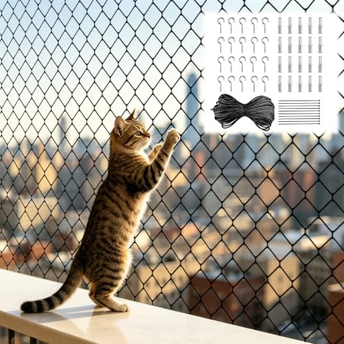 FUDUOXIAO Cat Net for Balcony, 8 x 3 m Cat Protection Net Black Cat Net Wire Reinforced No Drilling with Rope Dowels, Can Be Cut to Size Balcony Net for Cats to Secure Windows Patio Balcony