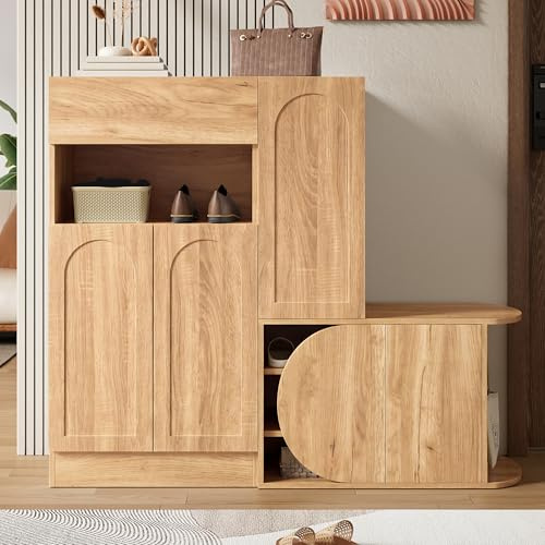 ModernLuxe Armoire à chaussures avec banc, commode à chaussures avec 5 portes, tiroir et compartiment ouvert, armoire à chaussures avec espace de rangement pour couloir et entrée, aspect bois naturel