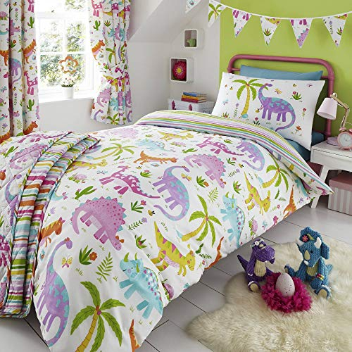 Happy Linen Company Kids Girls Dinosaur Park Jurassic Pink T-Rex Dino White Reversible Bedding Throw