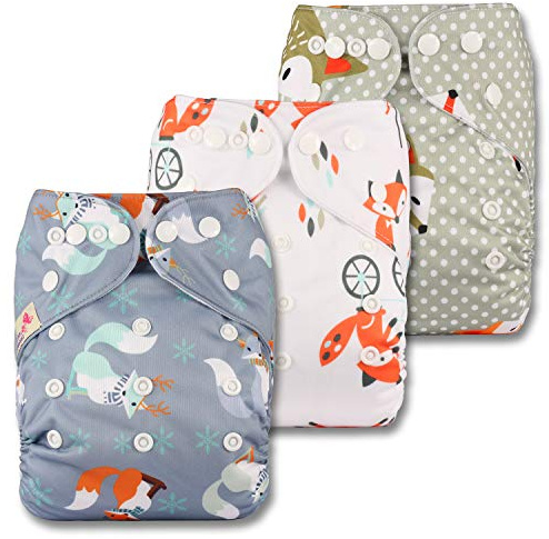 Littles & Bloomz, Reusable Pocket Cloth Nappy, Fastener: Popper, Set of 3, Patterns 309, with 3 Bamboo Charcoal Inserts