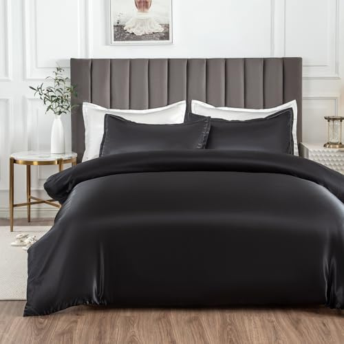 Morbuy Set di biancheria da letto con copripiumino singolo in raso di seta, con 2 federe, facile da pulire, con chiusura a cerniera, lussuoso e ultra morbido, 3 pezzi, 135 x 200 cm, colore: nero
