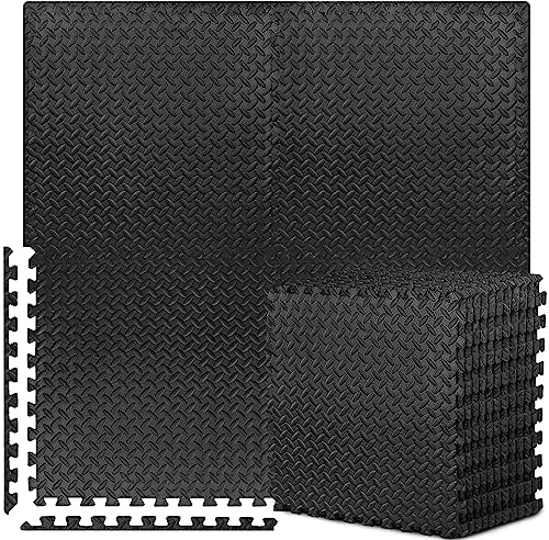 12-Tile Interlocking Puzzle Exercise Mat, 24'' x 24'' EVA Foam Flooring for Gym Equipment, Black