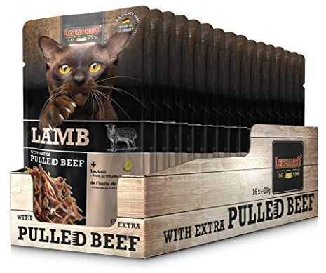 Leonardo Påsar [16 x 70 g lamm med extra strimlad nötkött] Pulled Nötkött, spannmålsfri våtmat för katter, komplett kattmat